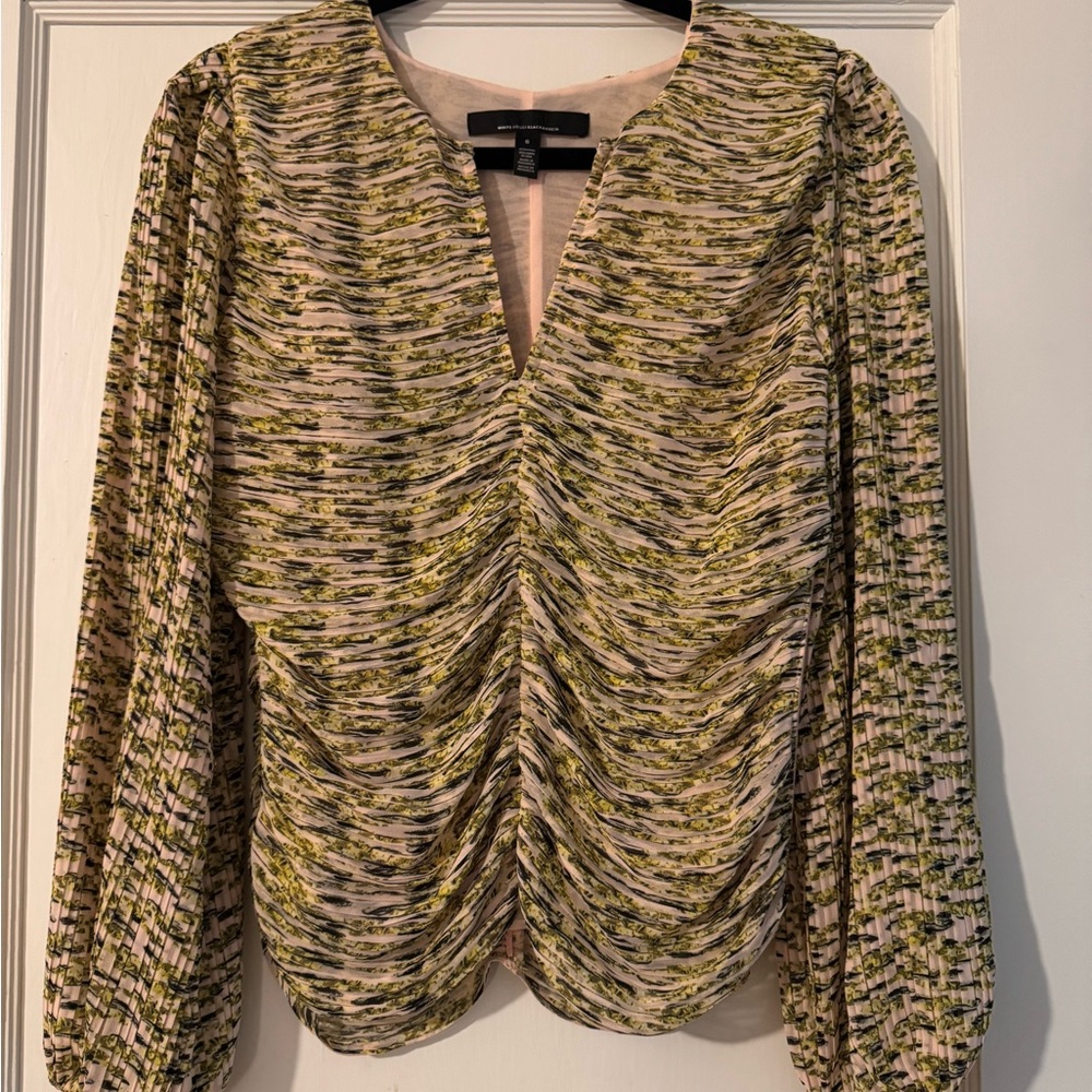 White House Black Market Ruched Green and Pink Blouse